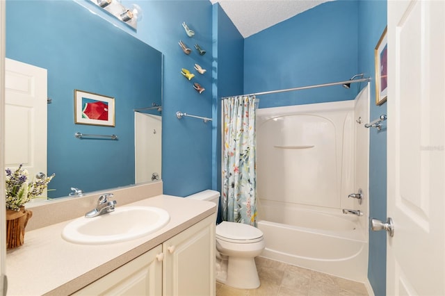 full bath with shower / tub combo with curtain, toilet, tile patterned flooring, and vanity