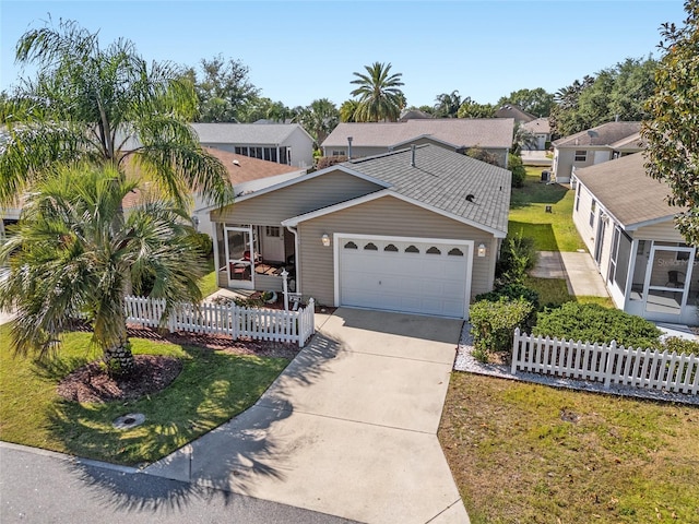 traditional home featuring a front yard, driveway, a garage, and a fenced front yard