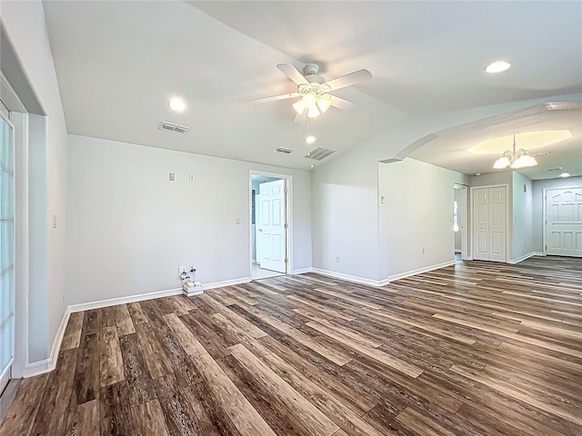 203 SE 30th Ave, Ocala, FL 34471 - unfurnished room featuring a chandelier, wood finished floors, baseboards, ceiling fan, and lofted ceiling