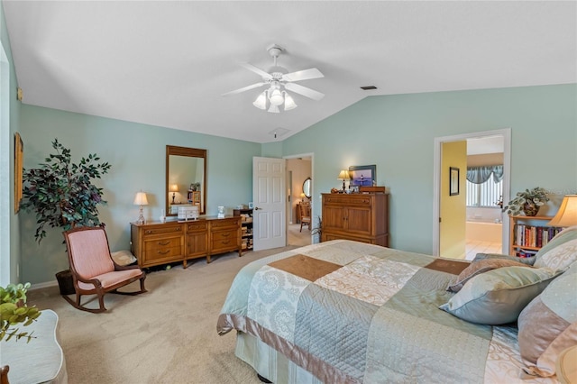6608 Borg, Leesburg, FL 34748 - bedroom with ceiling fan, light colored carpet, vaulted ceiling, visible vents, and baseboards