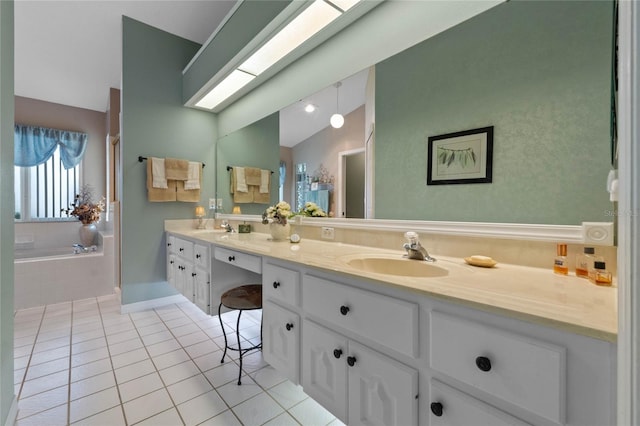 6608 Borg, Leesburg, FL 34748 - full bathroom featuring double vanity, tile patterned floors, a bath, lofted ceiling, and a sink