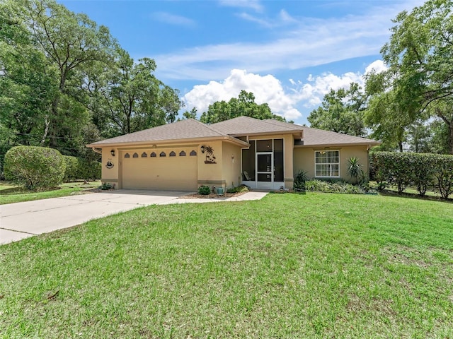ranch-style house with a front lawn, driveway, an attached garage, a sunroom, and stucco siding
