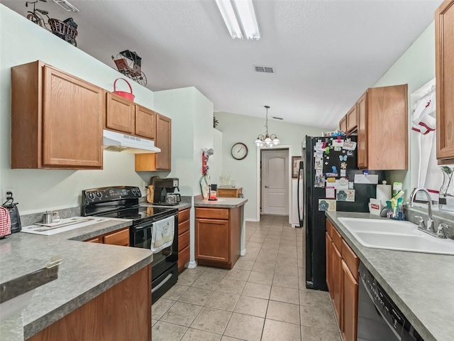 kitchen with a peninsula, a sink, visible vents, under cabinet range hood, and black appliances