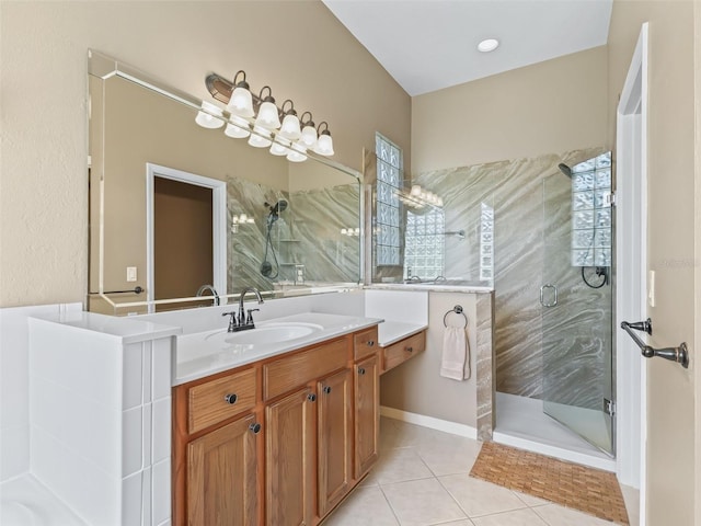 17787 SE 114th Ave, Summerfield, FL 34491 - full bathroom featuring a healthy amount of sunlight, vanity, tile patterned floors, and a stall shower