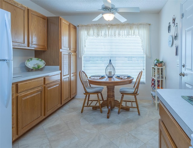 dining space featuring a ceiling fan, plenty of natural light, and a textured ceiling