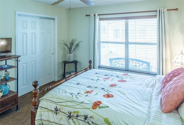 carpeted bedroom with ceiling fan and multiple windows