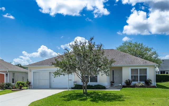 single story home featuring concrete driveway, roof with shingles, stucco siding, an attached garage, and a front lawn