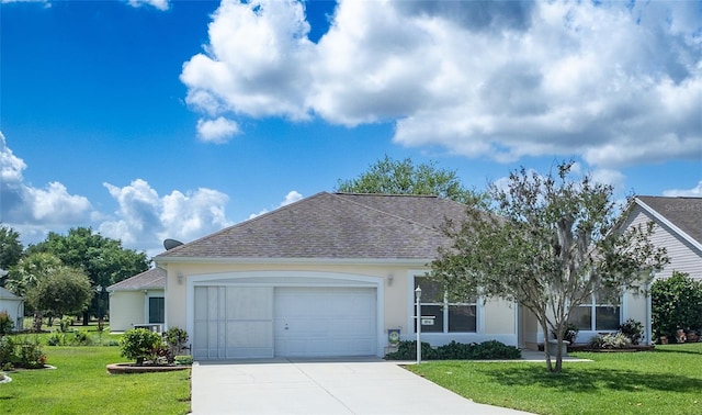 ranch-style house with stucco siding, roof with shingles, a front lawn, a garage, and concrete driveway