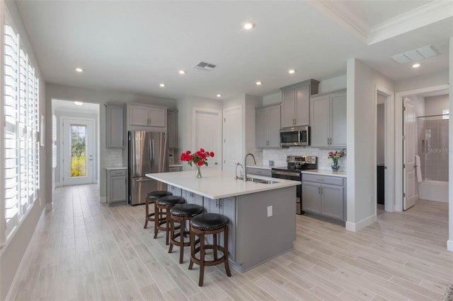 2129 Palm Tree Dr, Poinciana, FL 34759 - kitchen featuring visible vents, gray cabinets, stainless steel appliances, and a sink