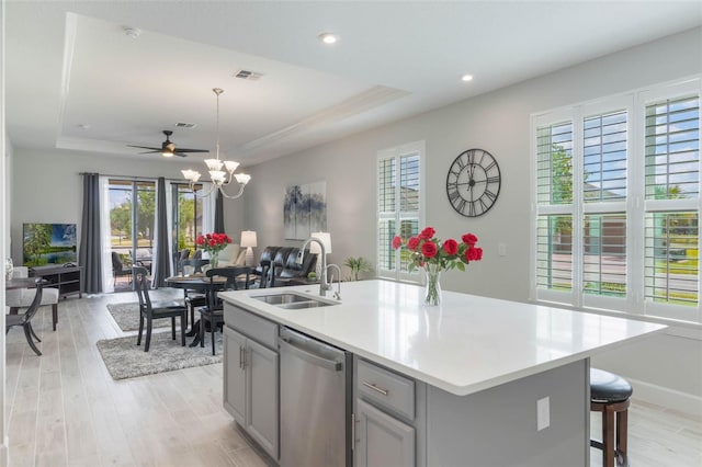 2129 Palm Tree Dr, Poinciana, FL 34759 - kitchen with a tray ceiling, dishwasher, gray cabinets, and a sink