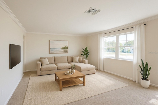 living room with visible vents, baseboards, and crown molding