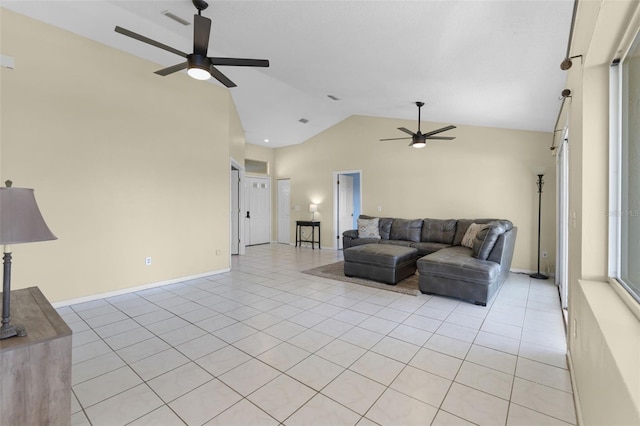 14 Clear Ct, Palm Coast, FL 32137 - living area with visible vents, a ceiling fan, light tile patterned floors, and lofted ceiling
