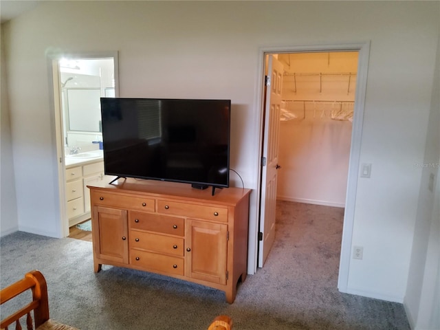 bedroom featuring a sink, a spacious closet, carpet, baseboards, and ensuite bathroom