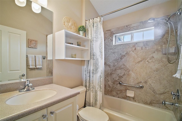 full bath featuring vanity, shower / bathtub combination with curtain, and toilet