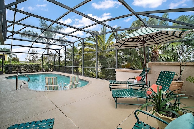 pool with a lanai and a patio