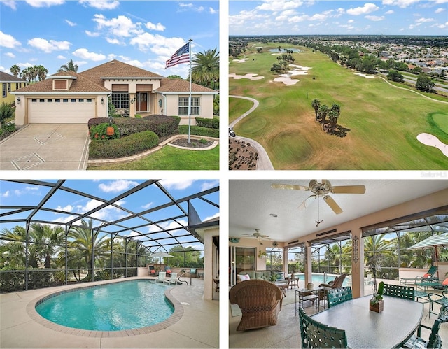 pool featuring ceiling fan, a lanai, a patio area, and golf course view