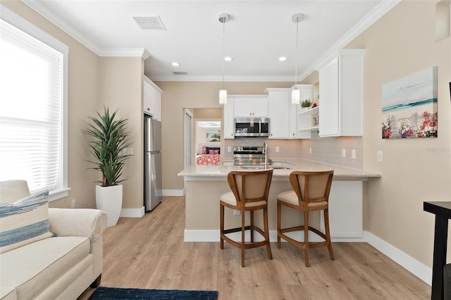12129 Grand Oak Ln, Oxford, FL 34484 - kitchen featuring a peninsula, light countertops, decorative backsplash, and appliances with stainless steel finishes