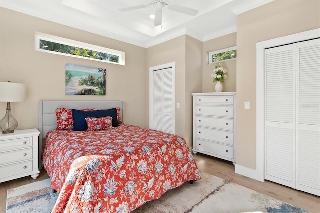 12129 Grand Oak Ln, Oxford, FL 34484 - bedroom with a ceiling fan, wood finished floors, multiple closets, a raised ceiling, and ornamental molding