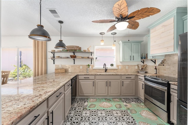 kitchen with stainless steel range with electric cooktop, open shelves, a sink, and a healthy amount of sunlight