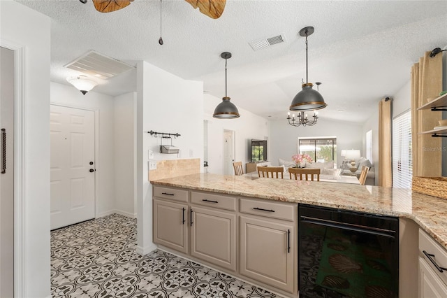 kitchen featuring beverage cooler, vaulted ceiling, visible vents, pendant lighting, and a peninsula