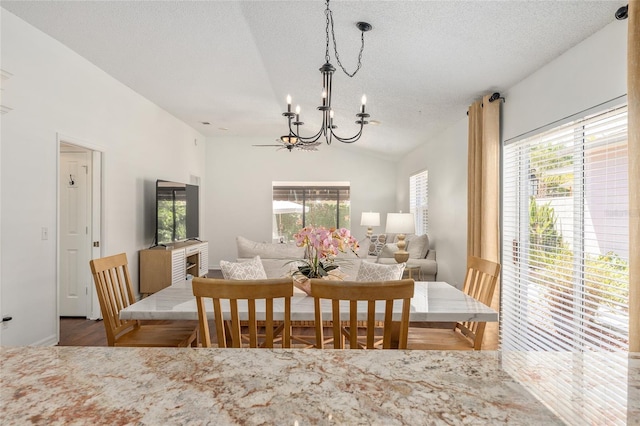 dining space featuring lofted ceiling, a wealth of natural light, wood finished floors, and a notable chandelier