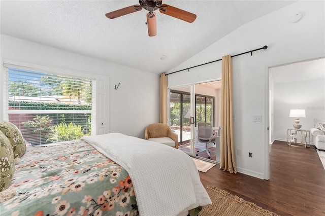 bedroom with a textured ceiling, lofted ceiling, a ceiling fan, wood finished floors, and access to outside