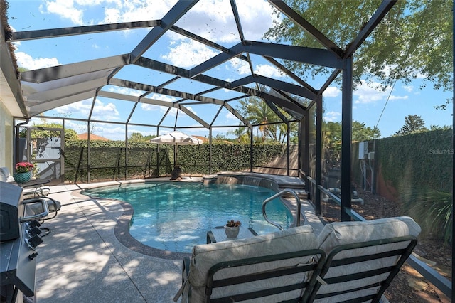 view of pool featuring a fenced backyard, a fenced in pool, and a patio