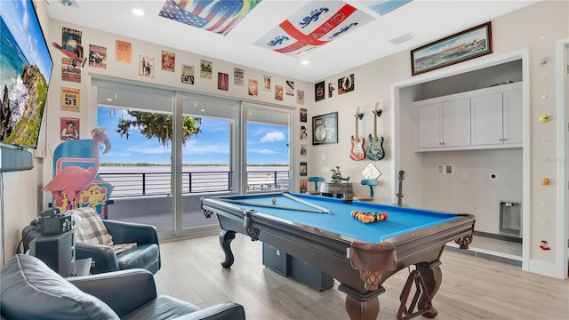 26516 Savage Cir, Howey In The Hills, FL 34737 - game room featuring pool table, light wood-style flooring, a water view, and recessed lighting