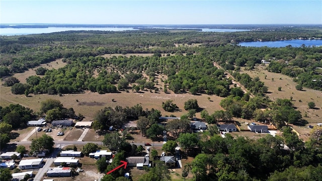 birds eye view of property featuring a water view and a view of trees