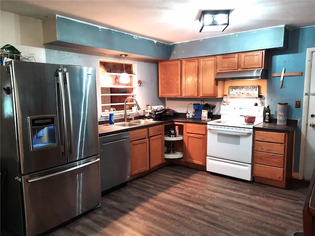kitchen featuring a sink, appliances with stainless steel finishes, under cabinet range hood, dark wood finished floors, and brown cabinetry