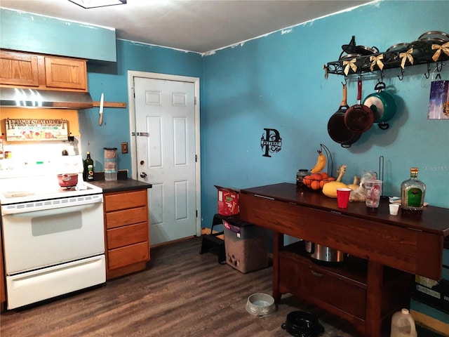 kitchen with brown cabinets, dark wood finished floors, under cabinet range hood, dark countertops, and electric stove