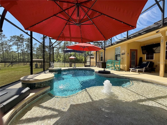 30554 Quince Ave, Eustis, FL 32736 - view of pool with a patio, a lanai, a pool with connected hot tub, and a lawn