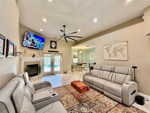 30554 Quince Ave, Eustis, FL 32736 - living room featuring recessed lighting, light tile patterned floors, ceiling fan, baseboards, and a glass covered fireplace