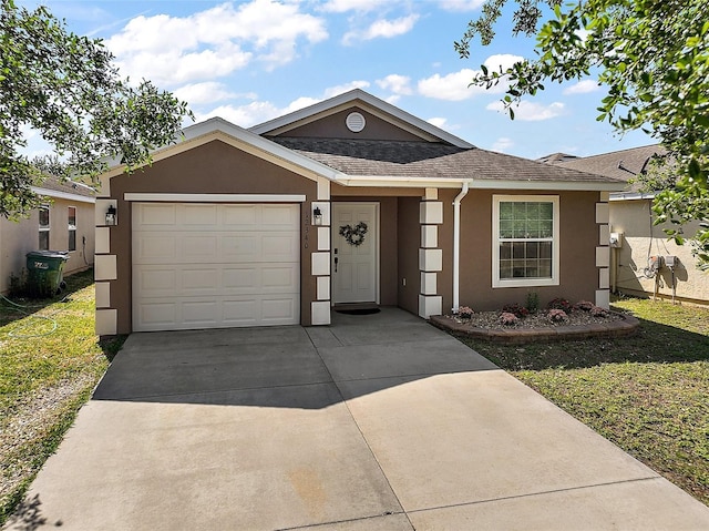 ranch-style home featuring stucco siding, driveway, and an attached garage