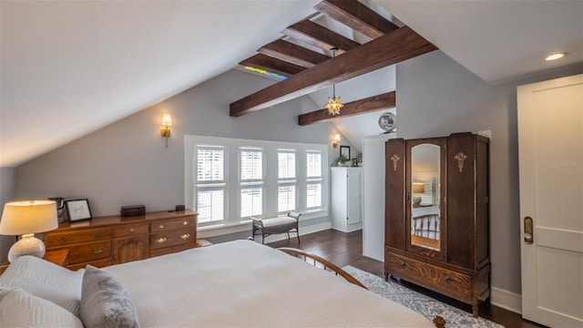 908 N Tremain St, Mount Dora, FL 32757 - bedroom featuring dark wood-style flooring, baseboards, recessed lighting, and vaulted ceiling with beams