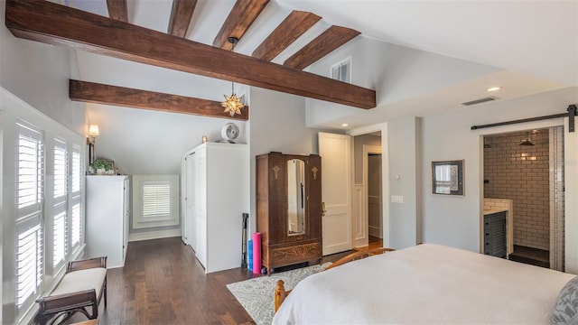 908 N Tremain St, Mount Dora, FL 32757 - bedroom with visible vents, a barn door, beam ceiling, and dark wood finished floors