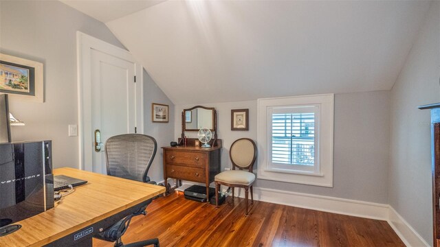 908 N Tremain St, Mount Dora, FL 32757 - office area featuring baseboards, wood finished floors, and lofted ceiling