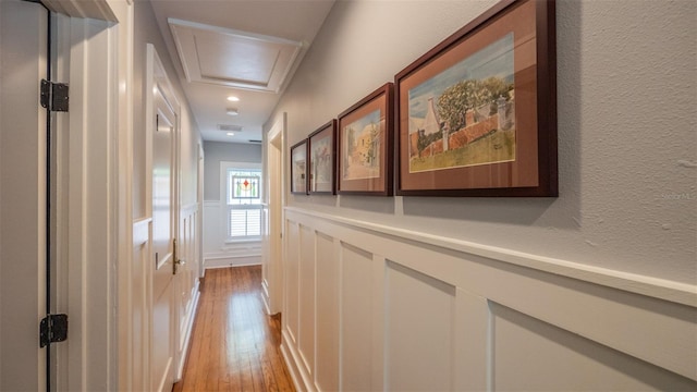 908 N Tremain St, Mount Dora, FL 32757 - hall with attic access, a wainscoted wall, light wood-style floors, a textured wall, and a decorative wall