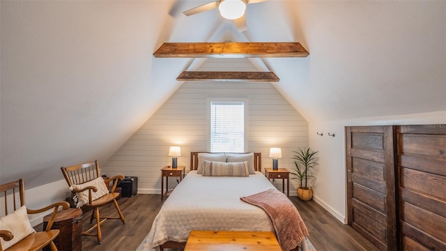 908 N Tremain St, Mount Dora, FL 32757 - bedroom featuring vaulted ceiling with beams, wood walls, baseboards, and dark wood-style floors
