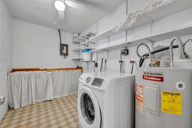 laundry area featuring electric panel, electric water heater, light floors, laundry area, and washer / dryer