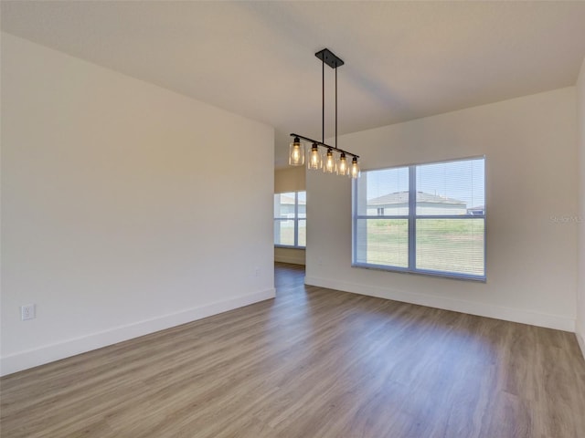 unfurnished dining area with baseboards and wood finished floors