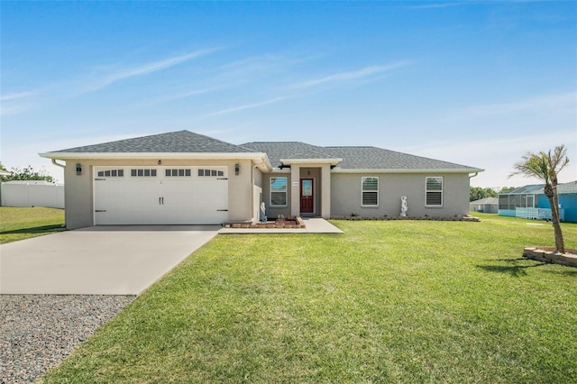 prairie-style home with fence, stucco siding, driveway, a front yard, and a garage