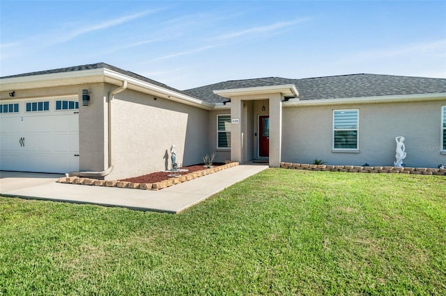 view of front of house featuring a front lawn, stucco siding, concrete driveway, roof with shingles, and a garage