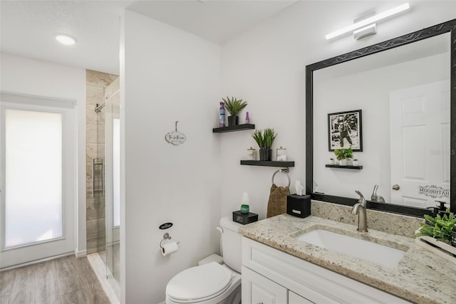 bathroom with a shower stall, toilet, vanity, and wood finished floors