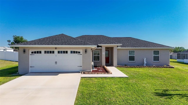 single story home with concrete driveway, a front lawn, a garage, stucco siding, and roof with shingles