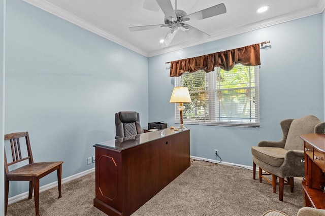 14820 Potterton Cir, Hudson, FL 34667 - office area with ceiling fan, carpet, ornamental molding, and recessed lighting