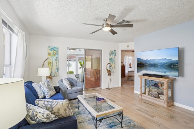 732 Ramirez Ave, The Villages, FL 32159 - living room with a ceiling fan, a textured ceiling, visible vents, baseboards, and light wood-style floors