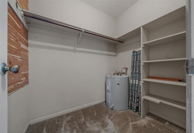 walk in closet with water heater and carpet