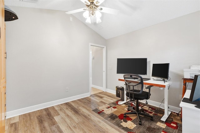 2120 Callaway Dr, The Villages, FL 32162 - office area with lofted ceiling, wood finished floors, ceiling fan, and baseboards