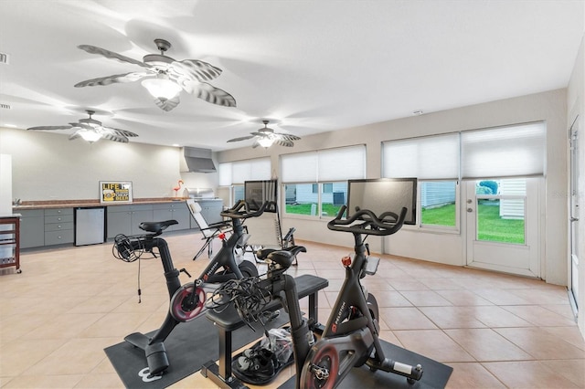 2120 Callaway Dr, The Villages, FL 32162 - exercise area with visible vents, light tile patterned floors, and ceiling fan